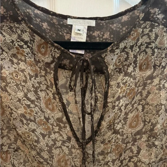 CALME By Johnny Was 100% Silk Sheer Brown Abstract Print Blouse Size Medium